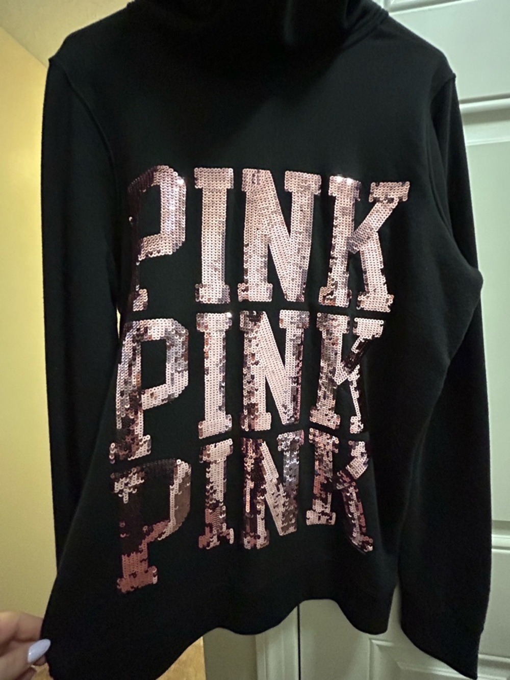 Victoria's Secret Black Hoodie with Rose-Gold Sequin PINK Logo
